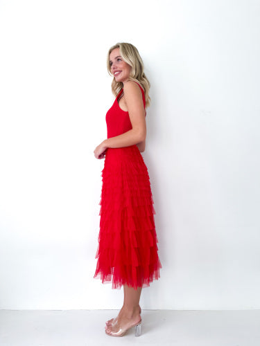 KELLY RUFFLE TULLE SKIRT - RED
