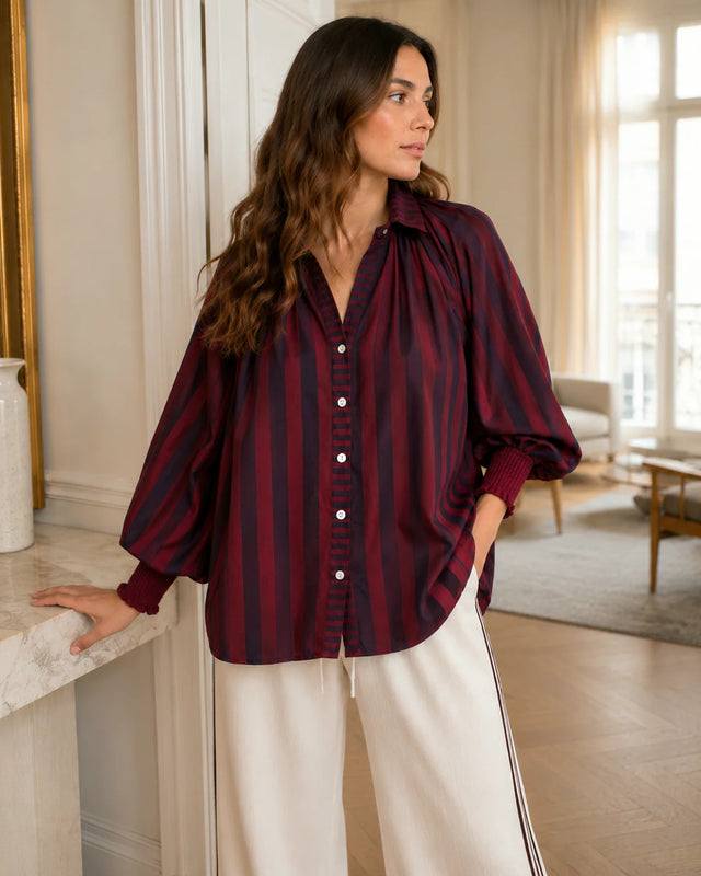 Burgundy Stripe Balloon Sleeve Shirt