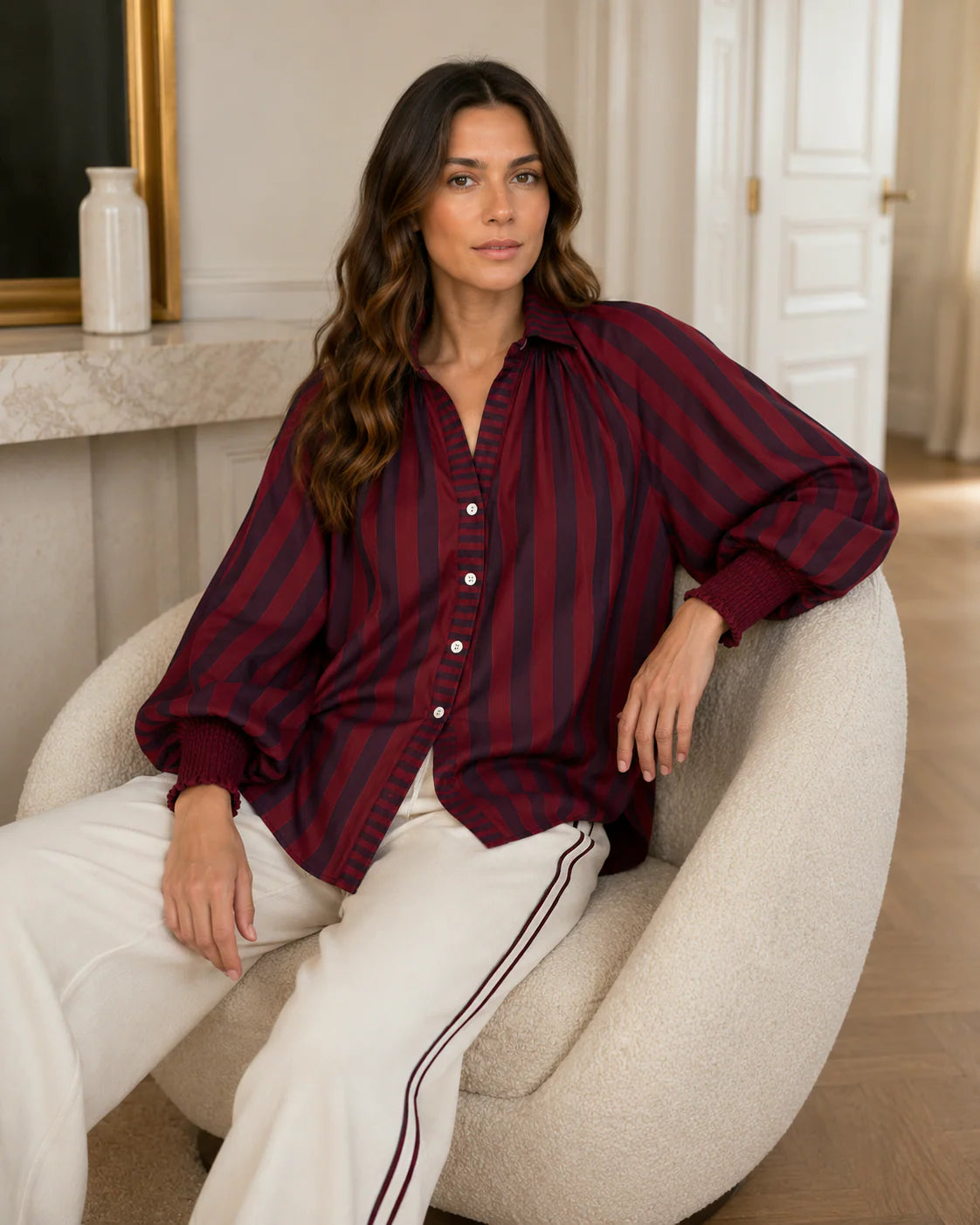 Burgundy Stripe Balloon Sleeve Shirt