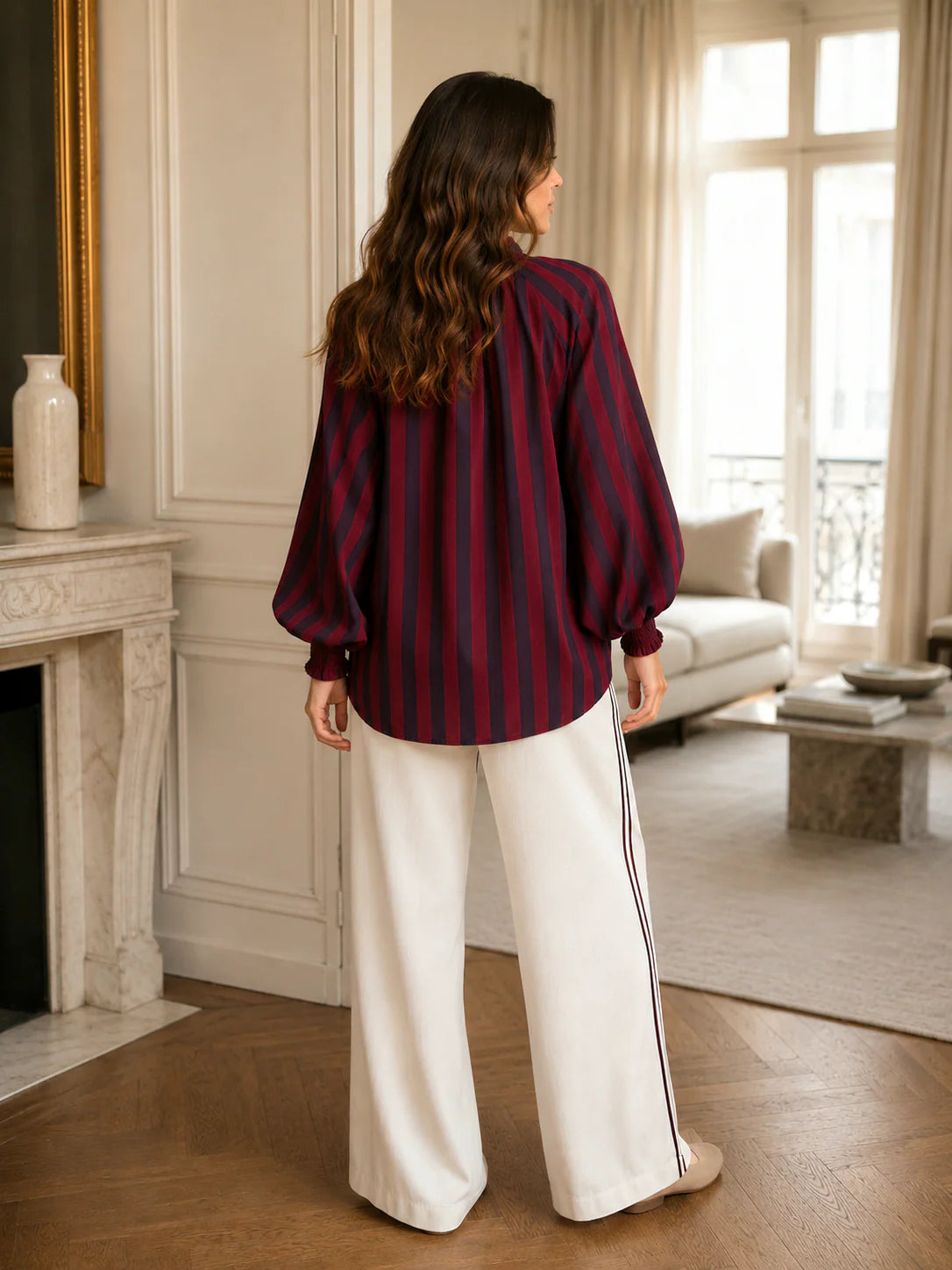 Burgundy Stripe Balloon Sleeve Shirt