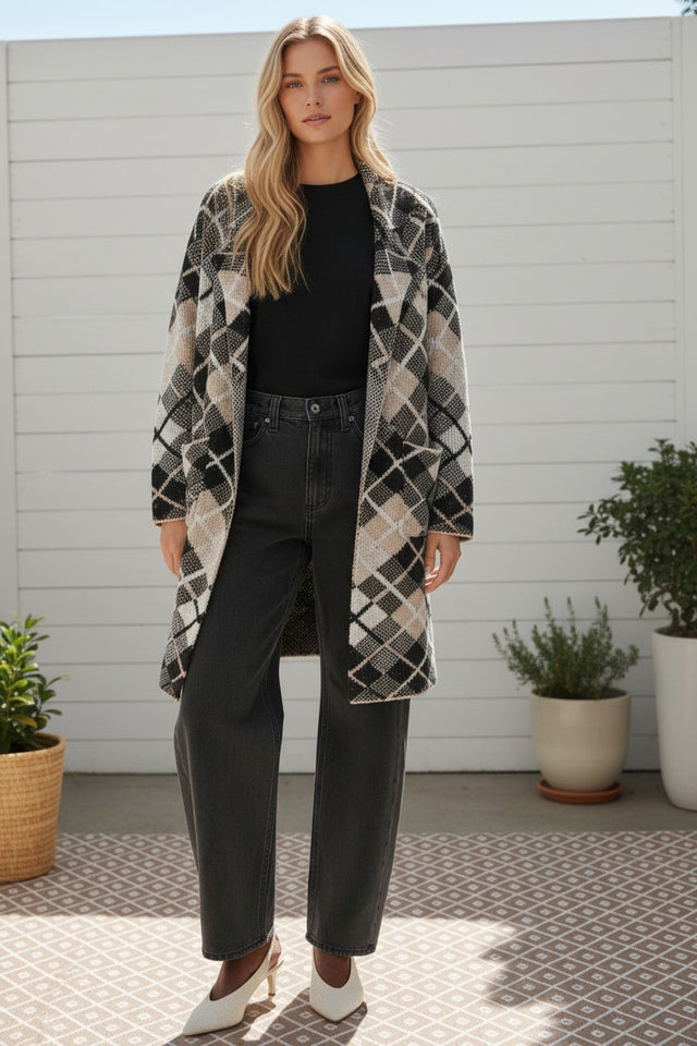 ARGYLE PRINT MIDI CARDIGAN