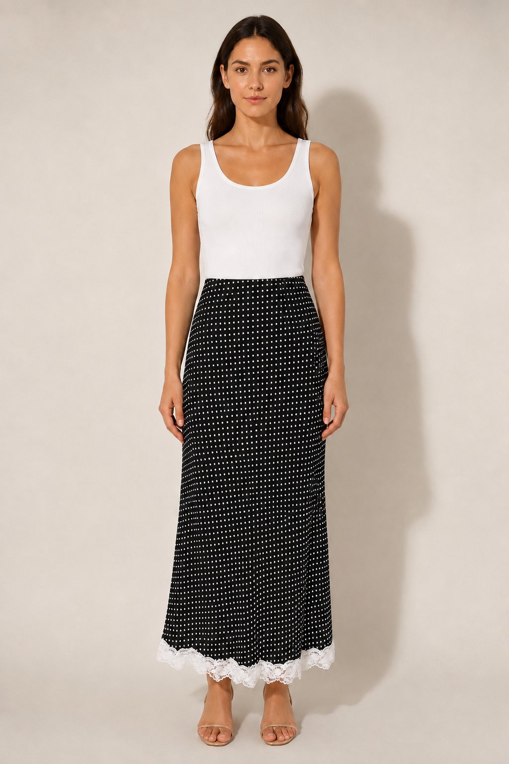 Bias Dot Lace Hem Skirt