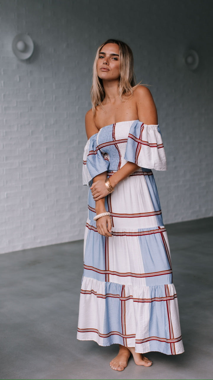 CHECK OFF SHOULDER MAXI DRESS
