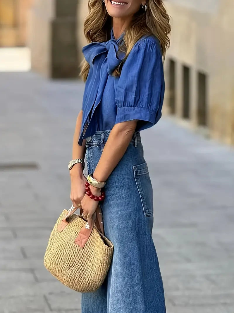 PUSSY BOW DENIM LOOK BLOUSE
