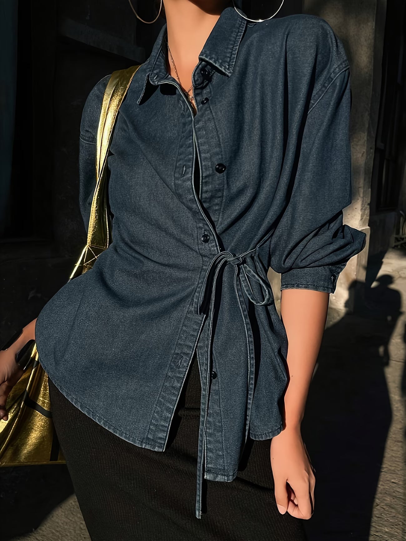 TIE WAIST DENIM SHIRT