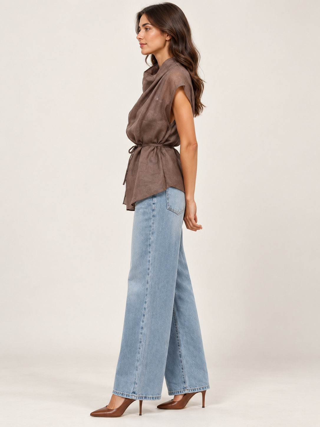 Sheer Linen Cowl Neck Top