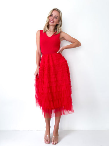 KELLY RUFFLE TULLE SKIRT - RED