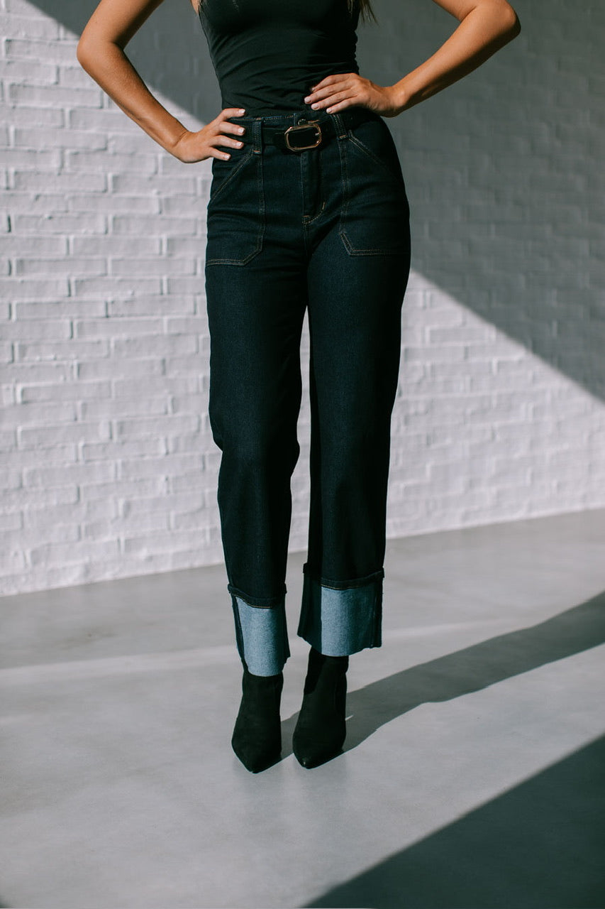 DARK DENIM CUFFED JEANS