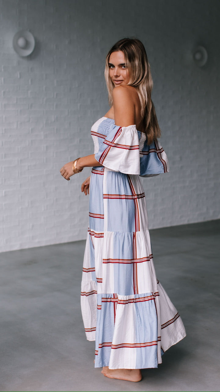 CHECK OFF SHOULDER MAXI DRESS
