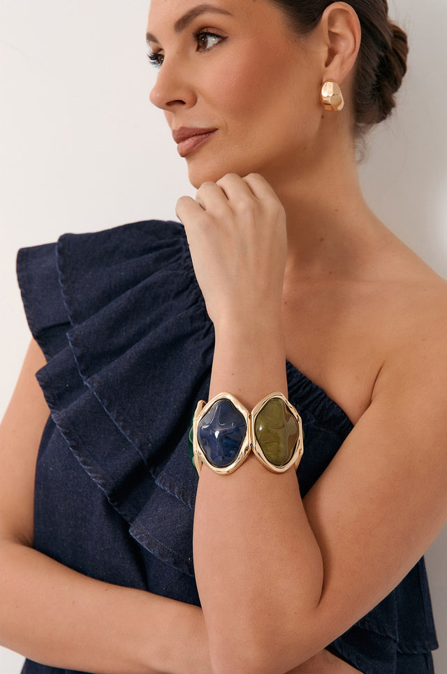 Metal Edged Resin Statement Stretch Cuff (Blue/Green)