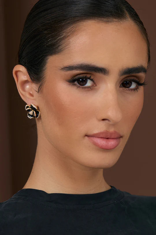 Enamel Diamante Flower Stud Earrings (Black)