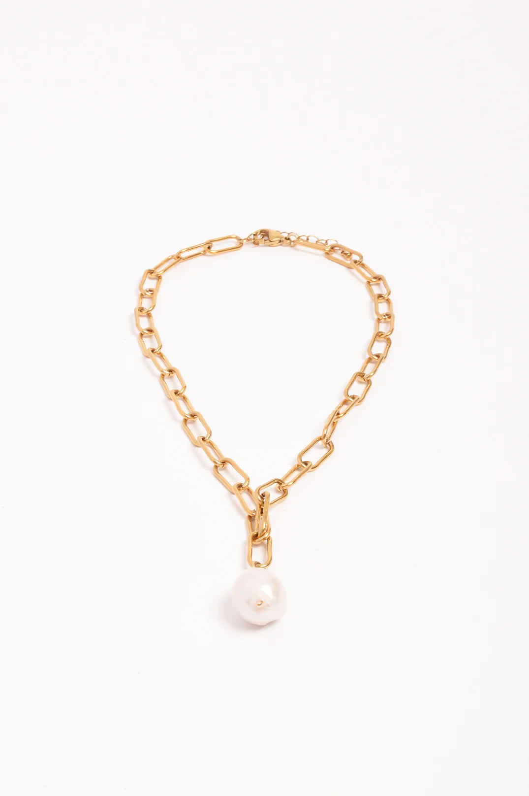 Rectangle Link Baroque Pearl Drop Necklace (Gold)
