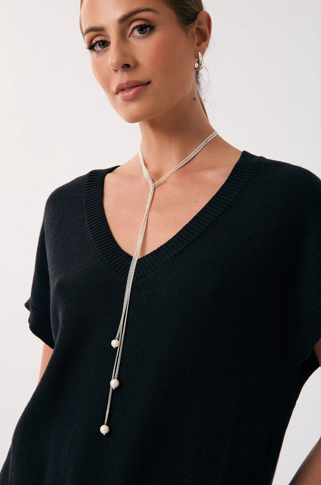 Knotted Y Drop Pearl Necklace (Gold)