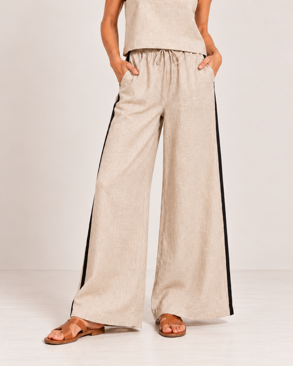 Linen Contrast Wide Leg Pants