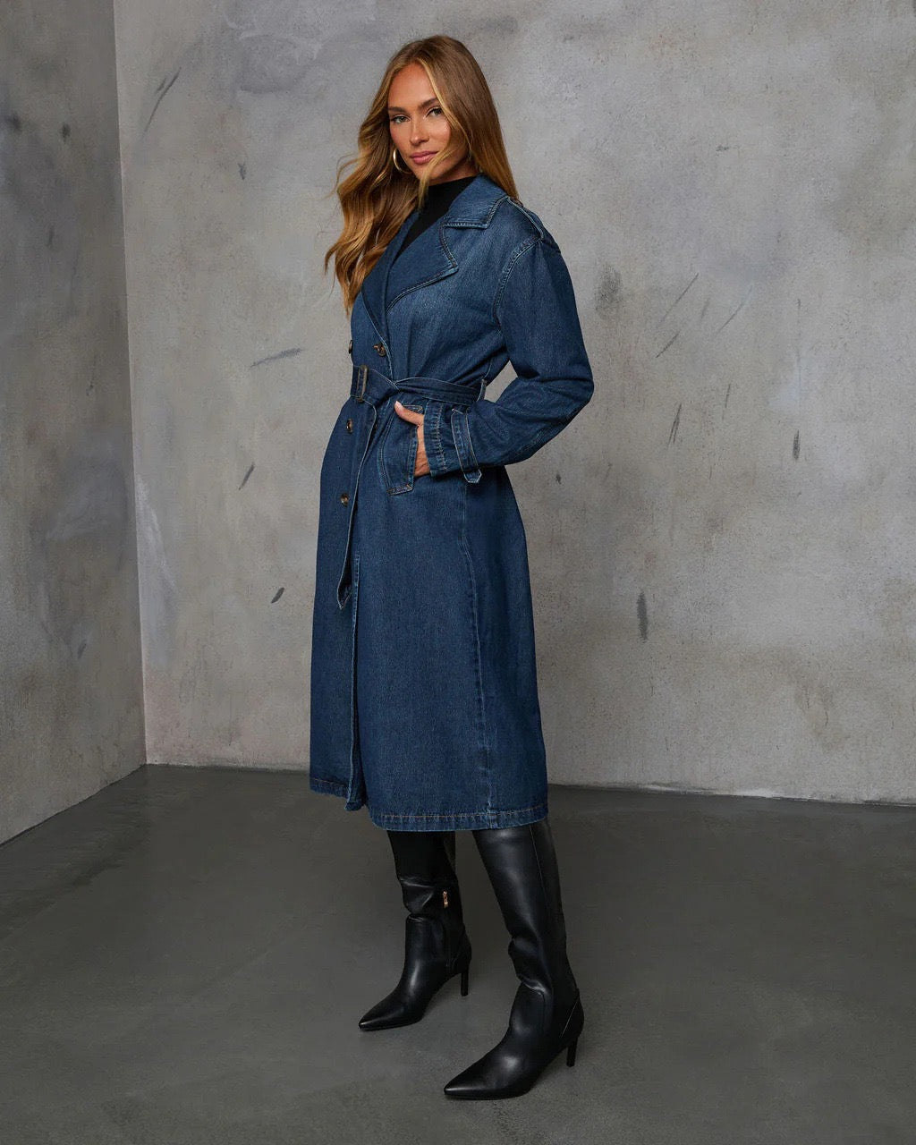 DARK DENIM LONGLINE TRENCH