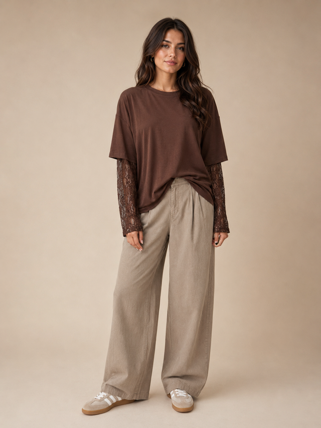 LACE SLEEVE CONTRAST TEE SHIRT