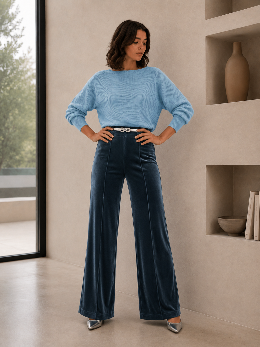 VELVET SLIM PANTS- SILVER BLUE