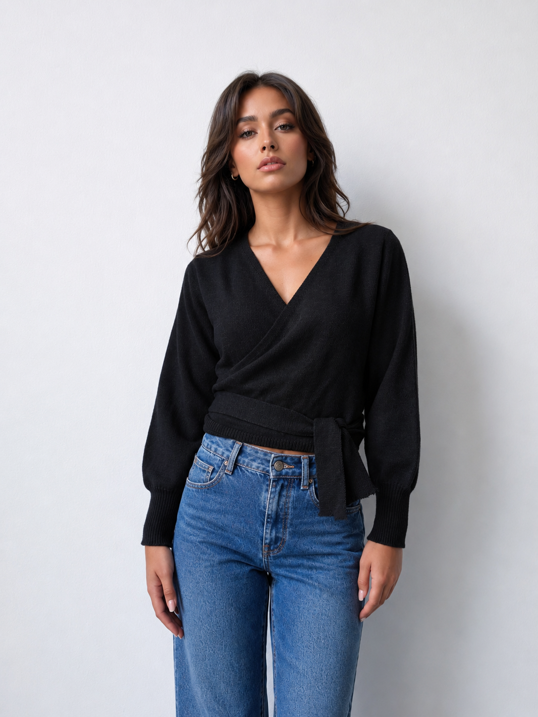 WRAP KNIT TOP- BLACK