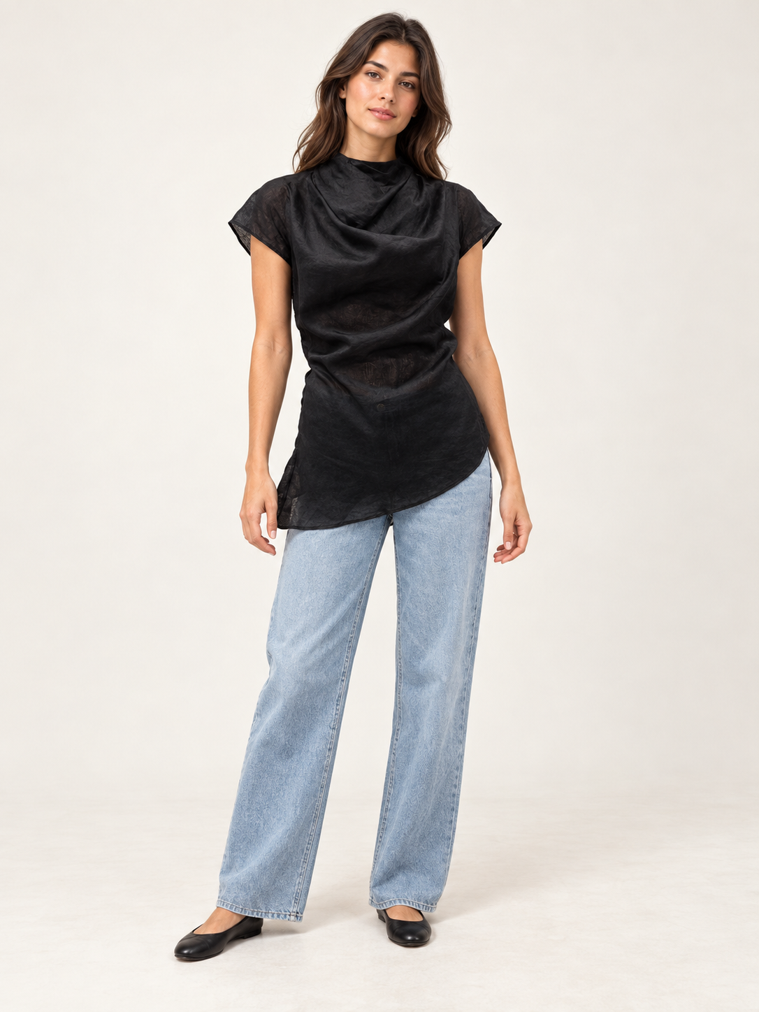 Sheer Linen Cowl Neck Top