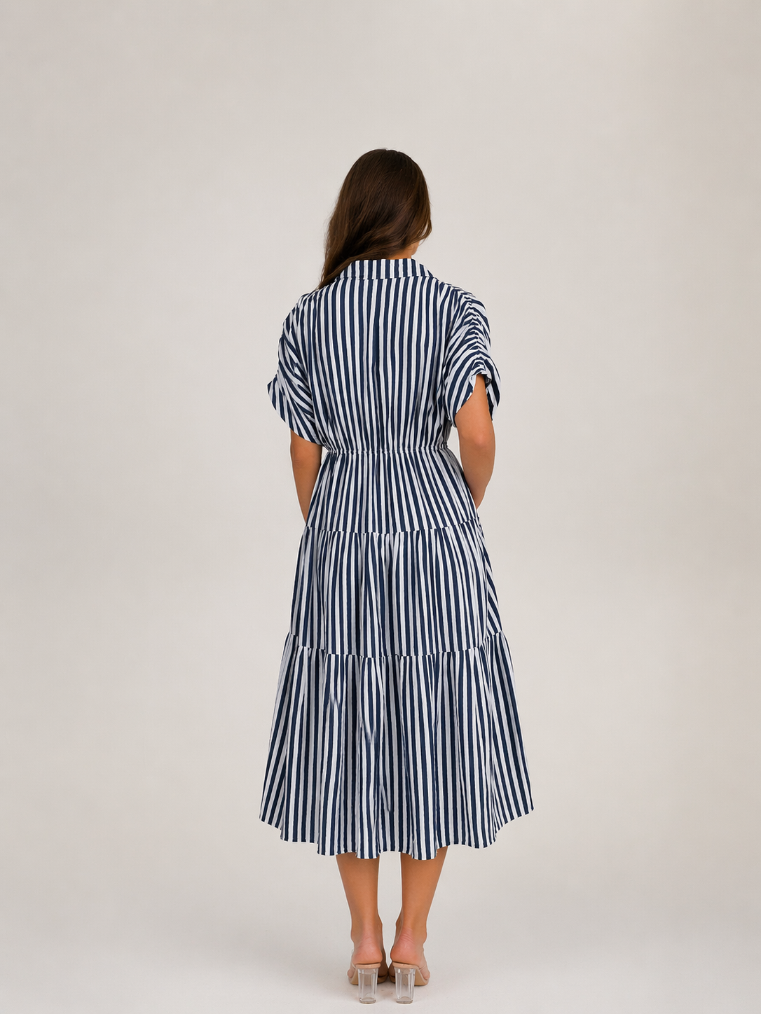 Navy & White Stripe Tiered Midi Dress