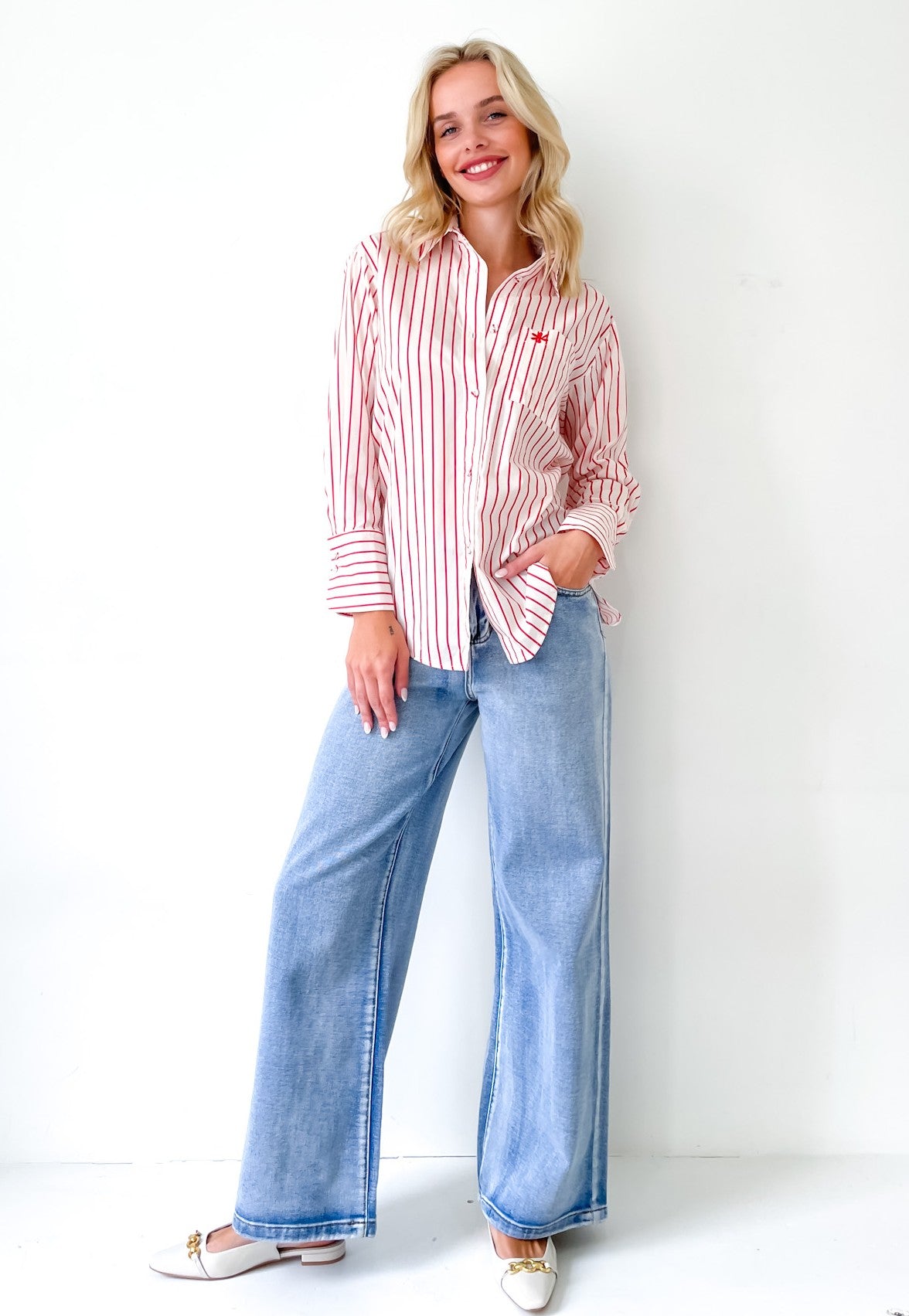STRIPE FLOWER MOTIF SHIRT