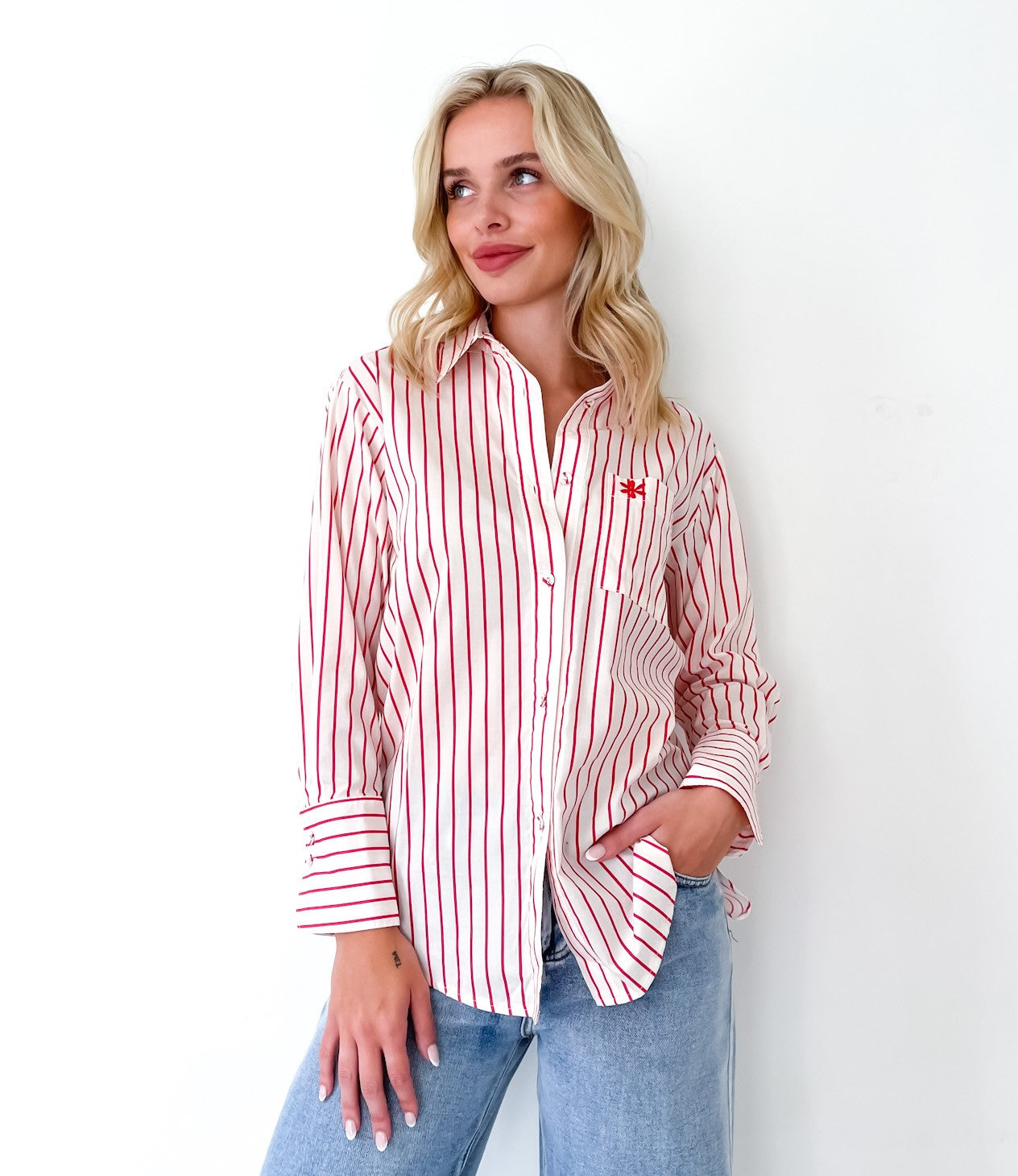 STRIPE FLOWER MOTIF SHIRT