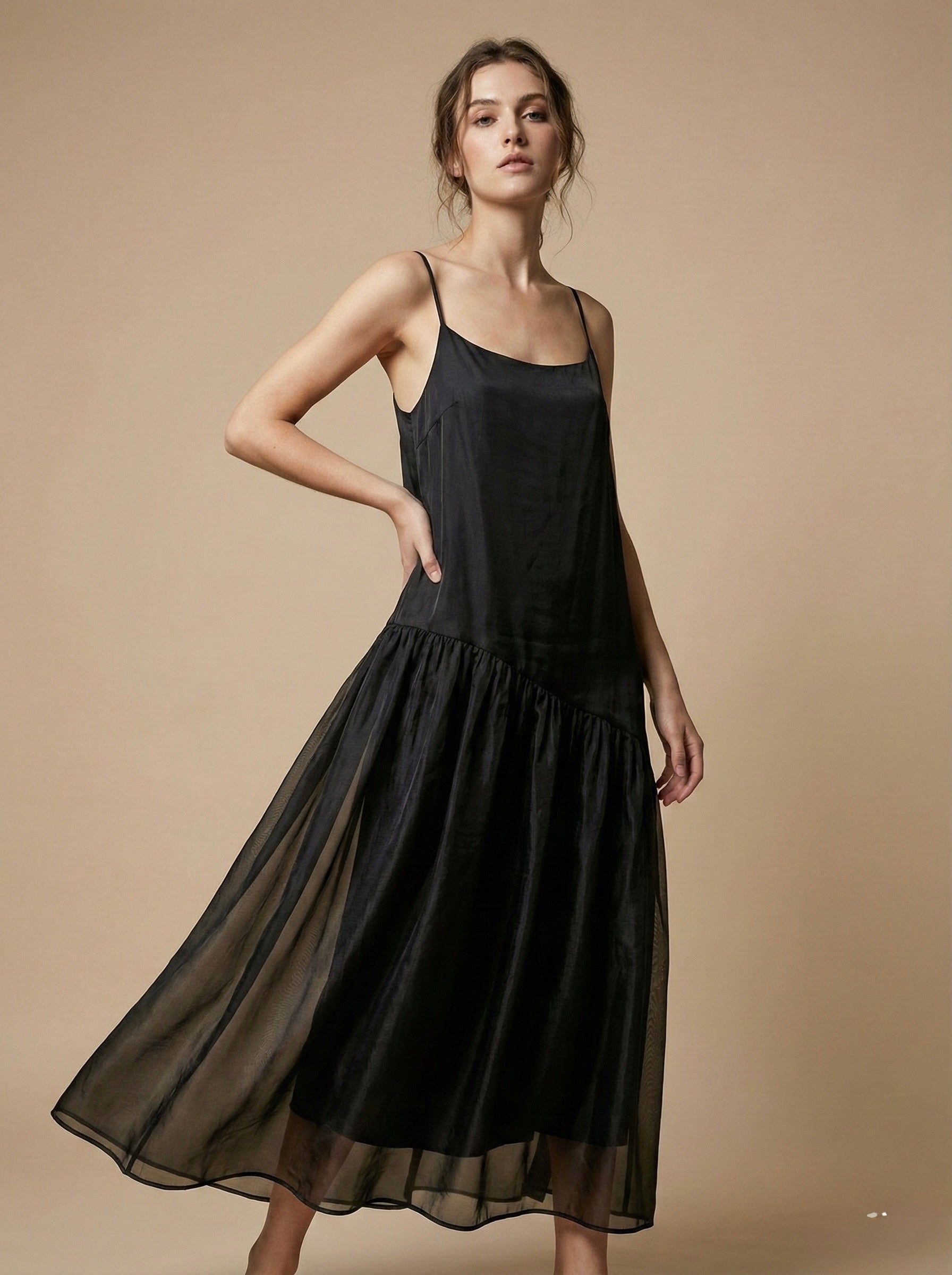 SLANTED CUTLINE SLIP DRESS