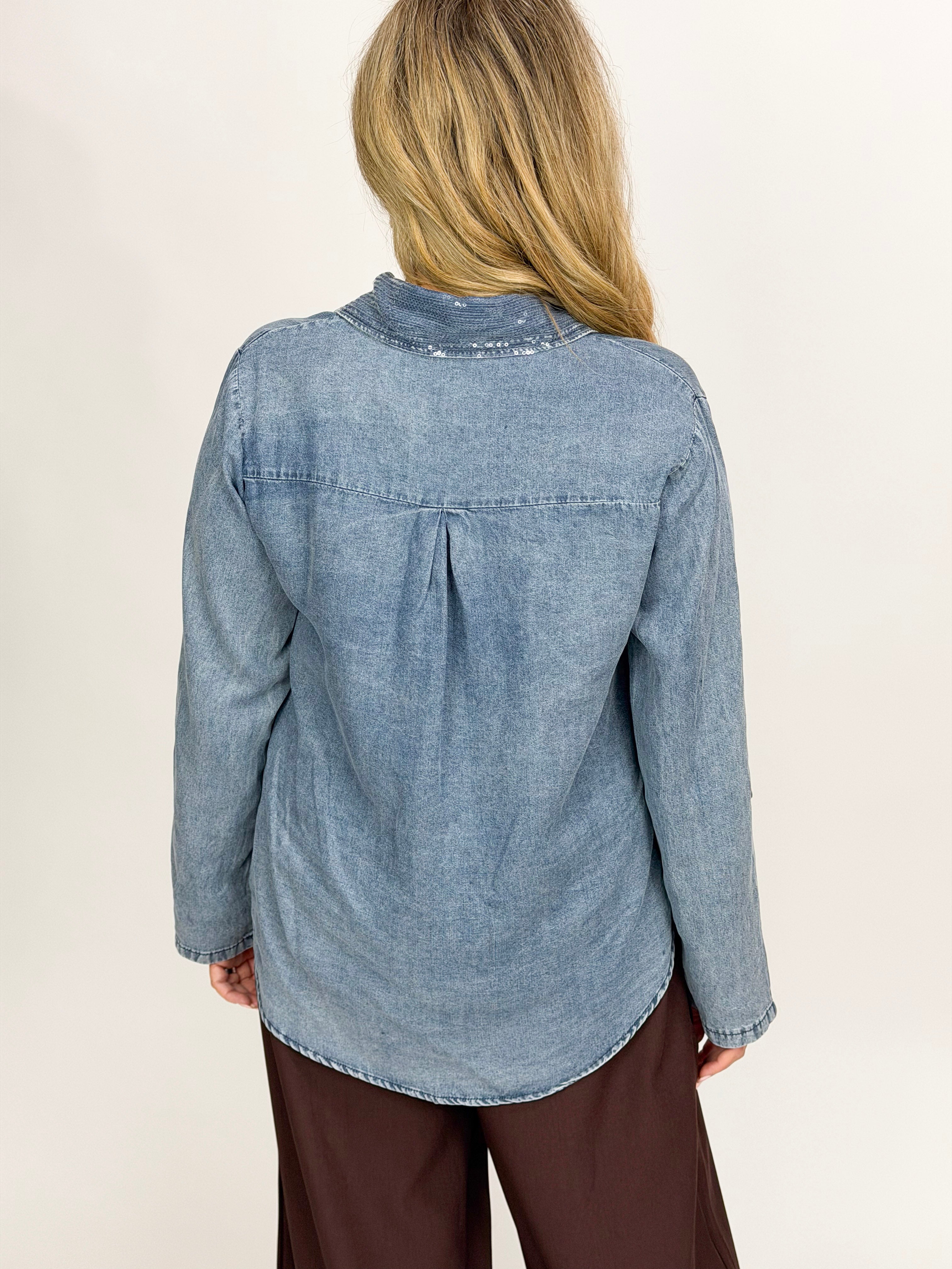 SEQUIN POCKET DENIM SHIRT
