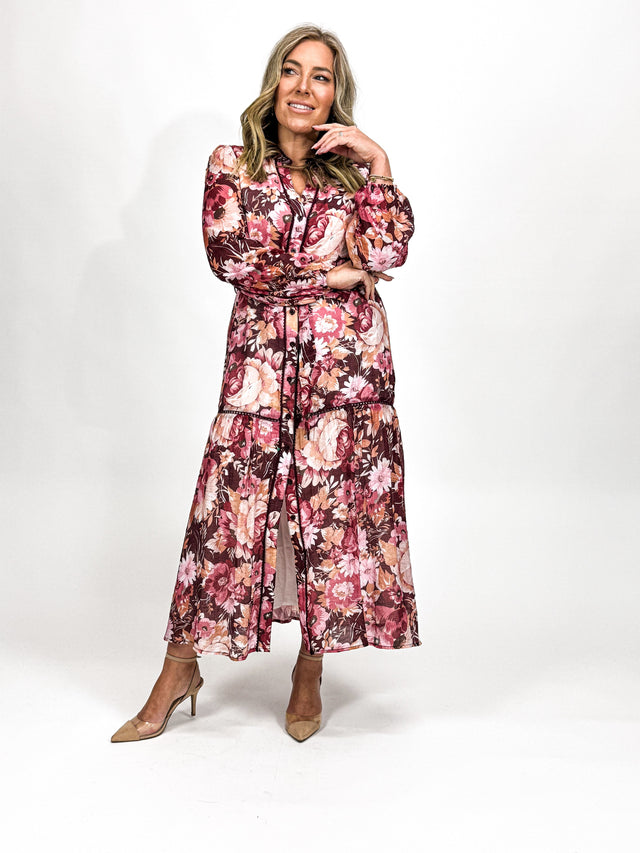 BERRY FLORAL TIERED DRESS
