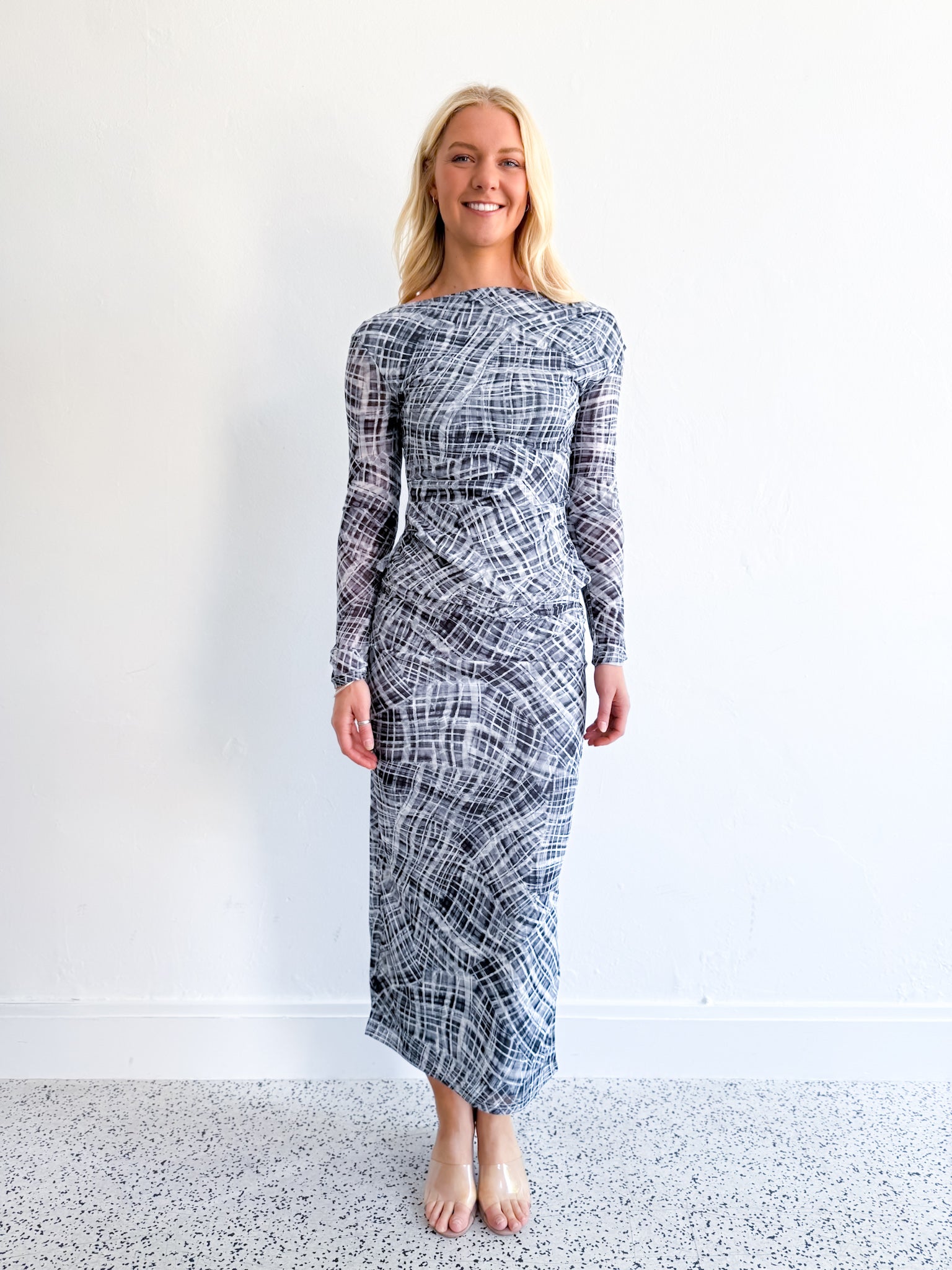 CHECK MESH MIDI SKIRT
