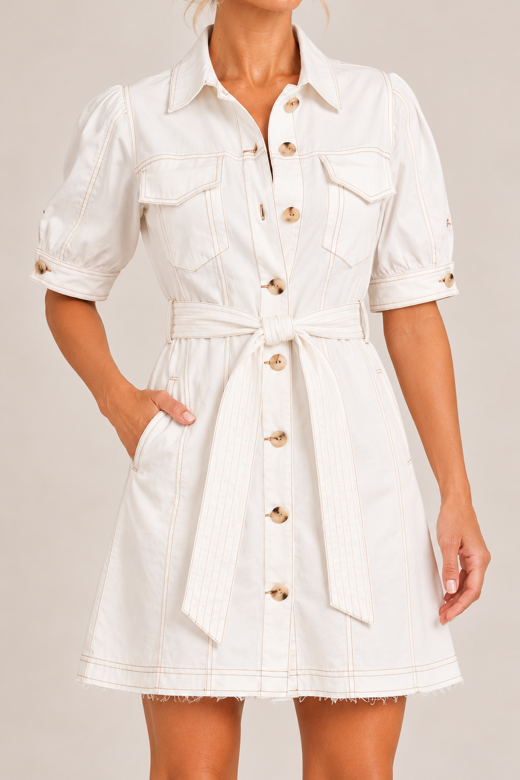 Cotton Denim Belted Shirt Dress