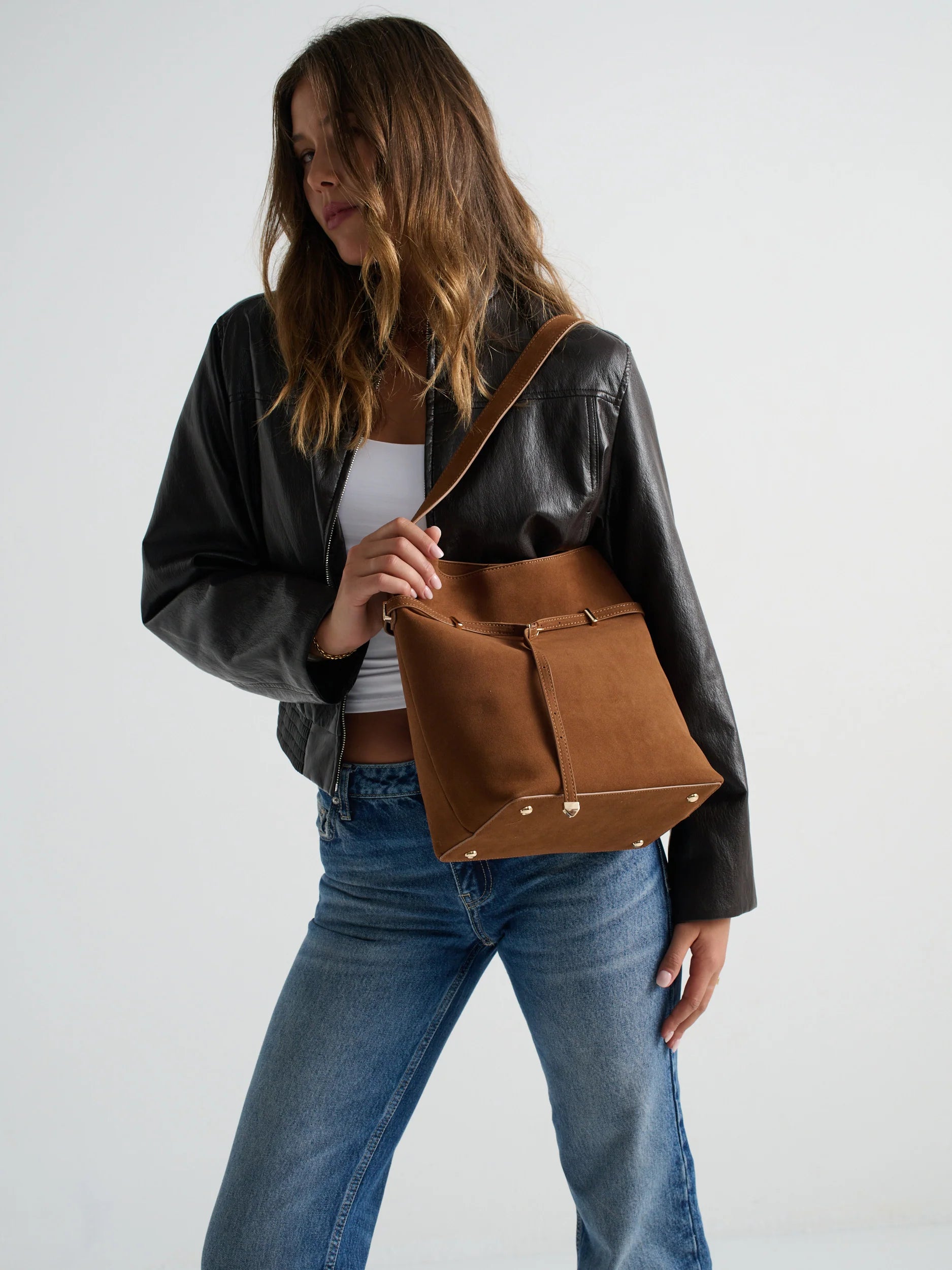 Leonie Belt Bucket Bag in Tan Suede