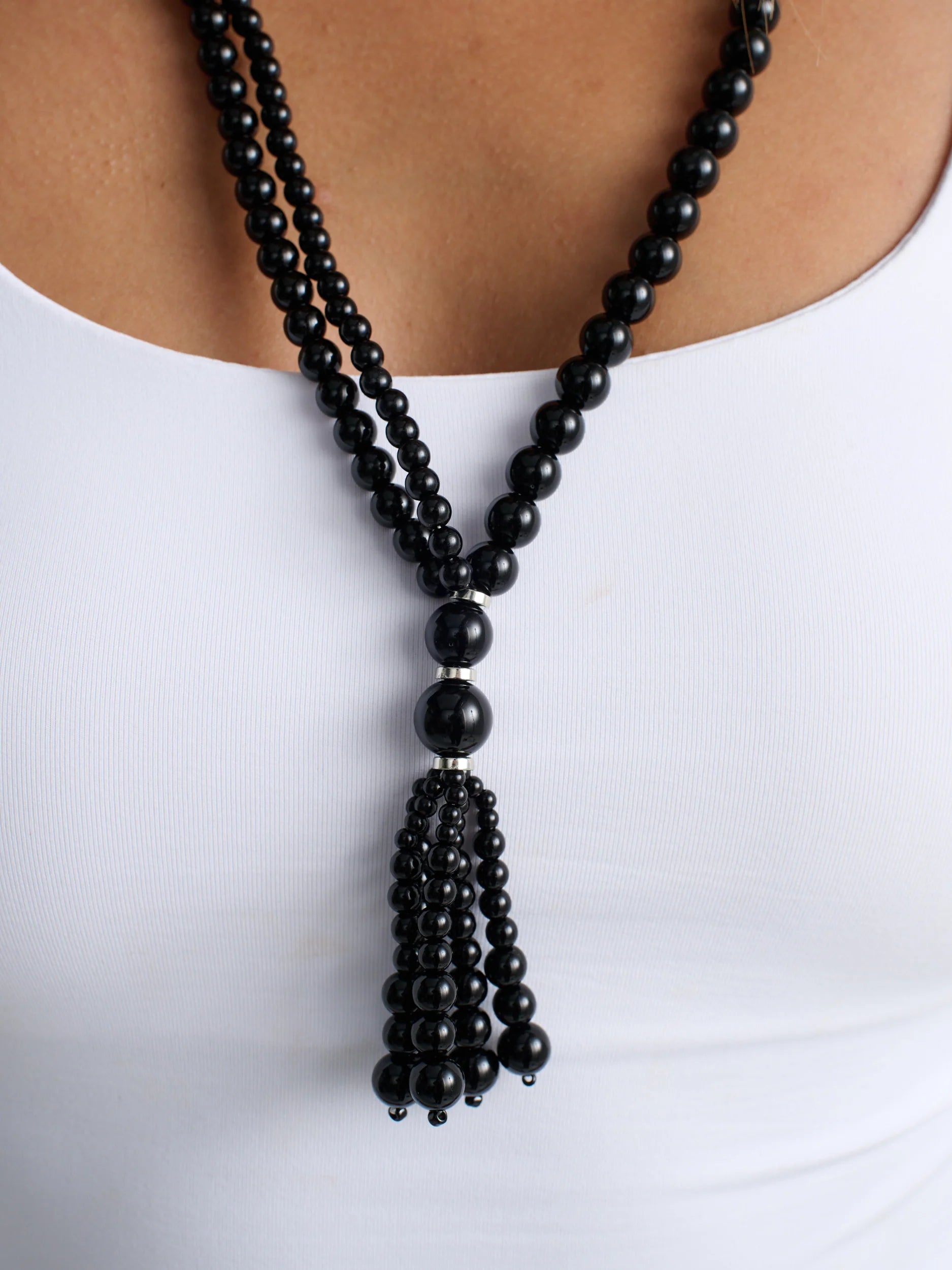 Amee Black Beaded Tassel Necklace