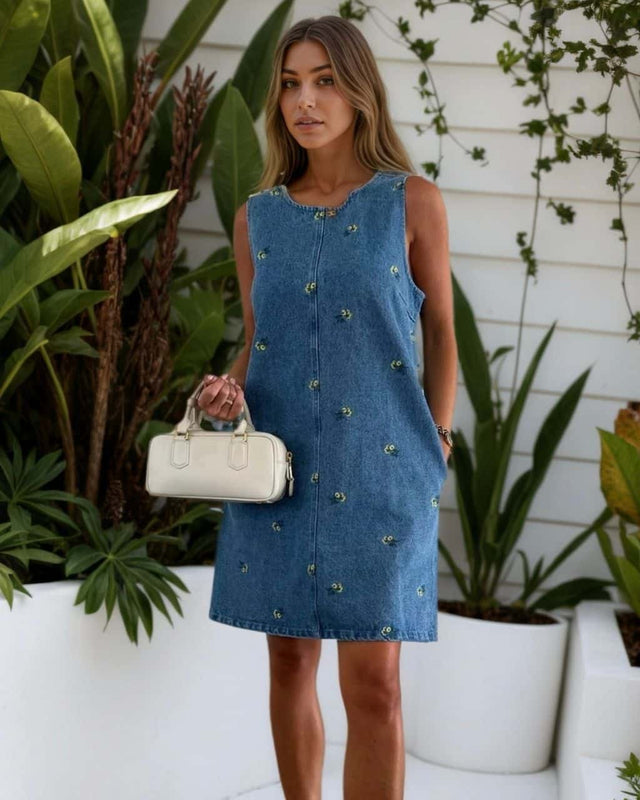 Embroidered Denim Mini Dress