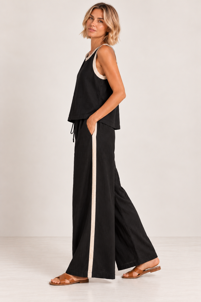 Linen Contrast Wide Leg Pants | Venom Emilio