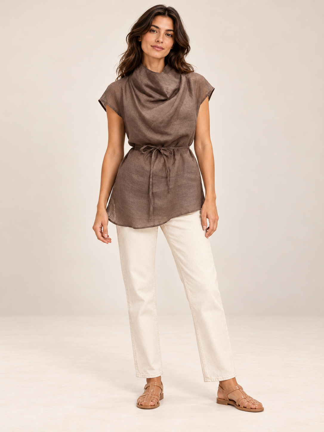 Sheer Linen Cowl Neck Top