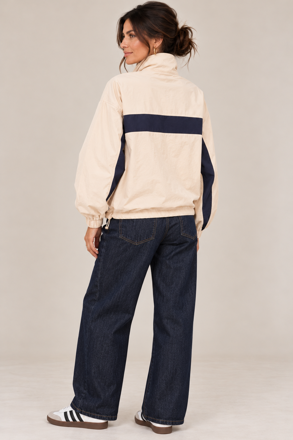 Colour Block Funnel Neck Jacket – Cream/Navy