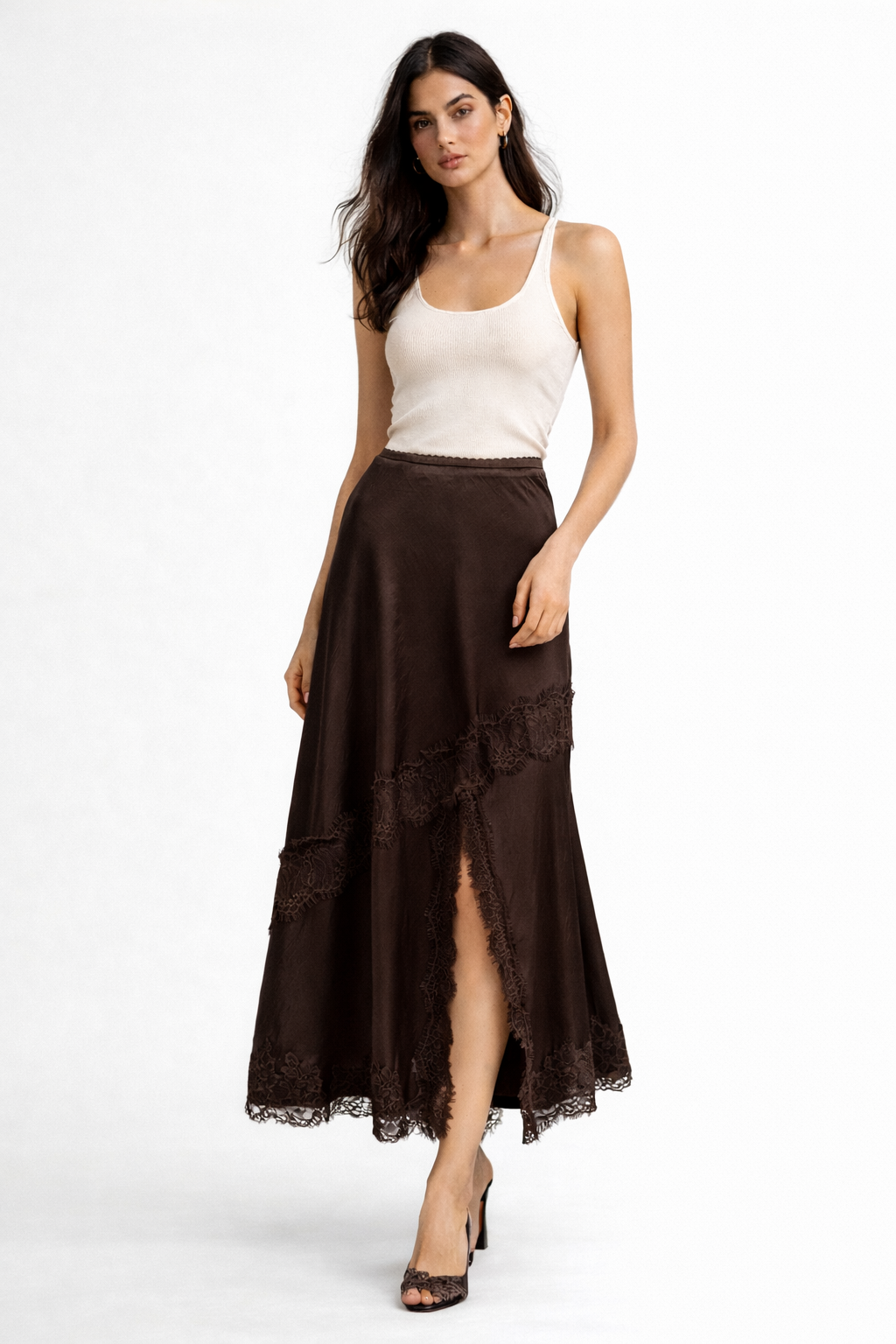 LACE CONTRAST BIAS SATIN SKIRT