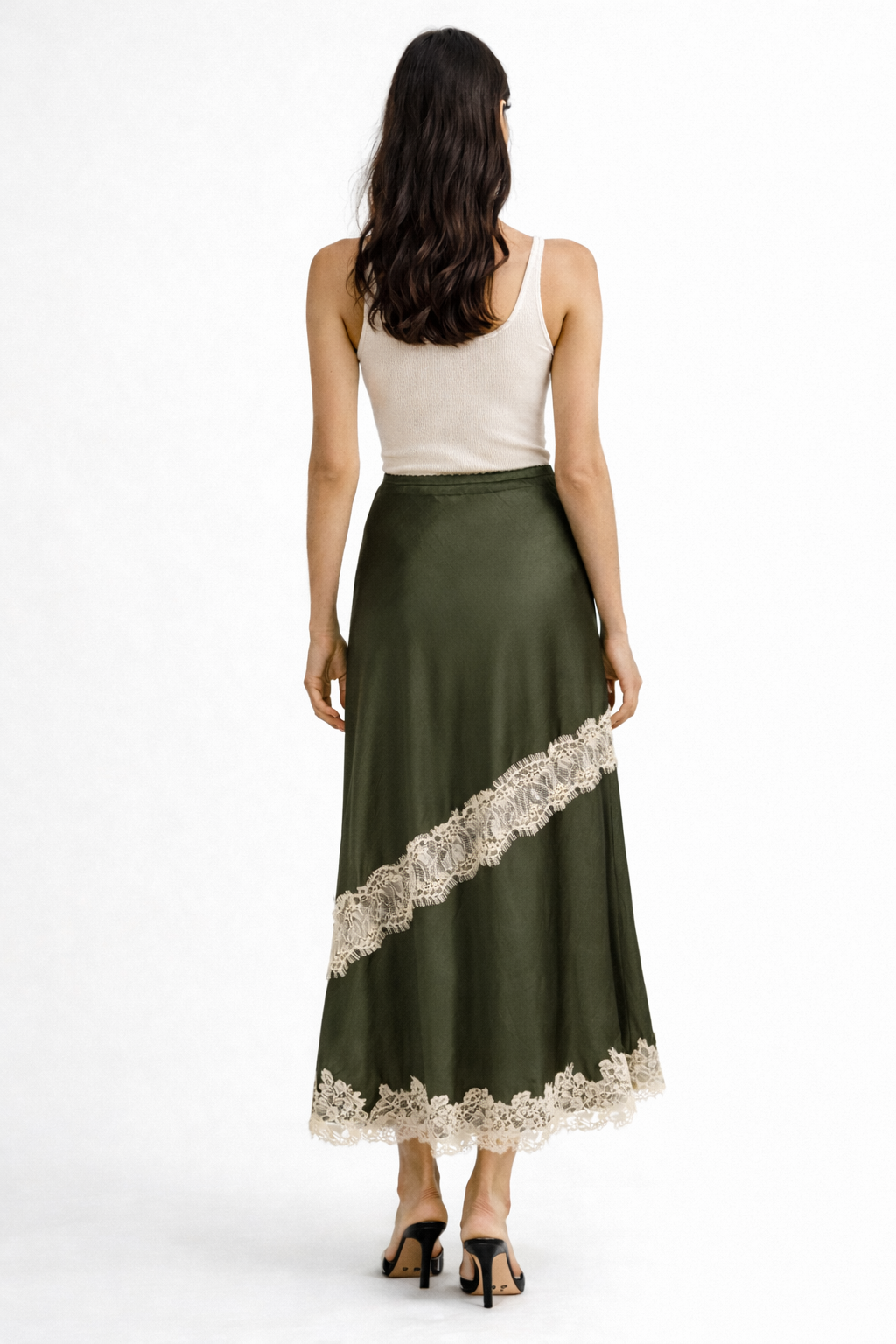 LACE CONTRAST BIAS SATIN SKIRT