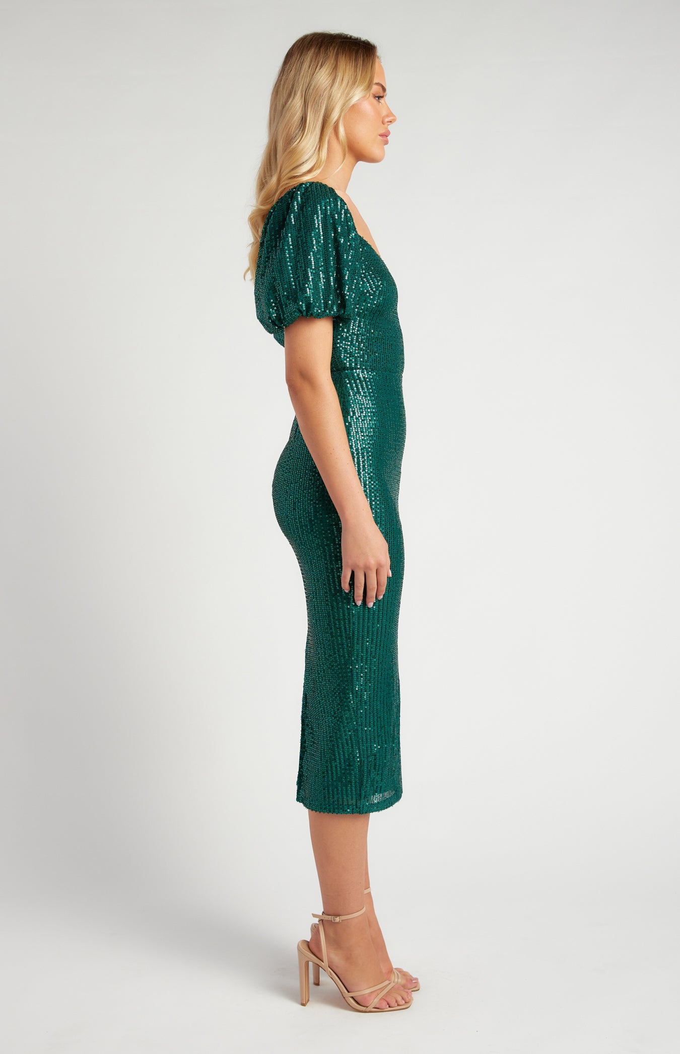 Bubble Sleeve Sequin Midi Dress