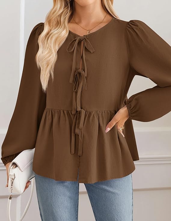TIE PEPLUM LS BLOUSE