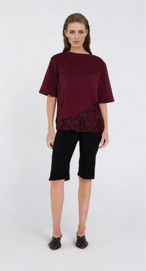 WINE T SHIRT LACE TRIM