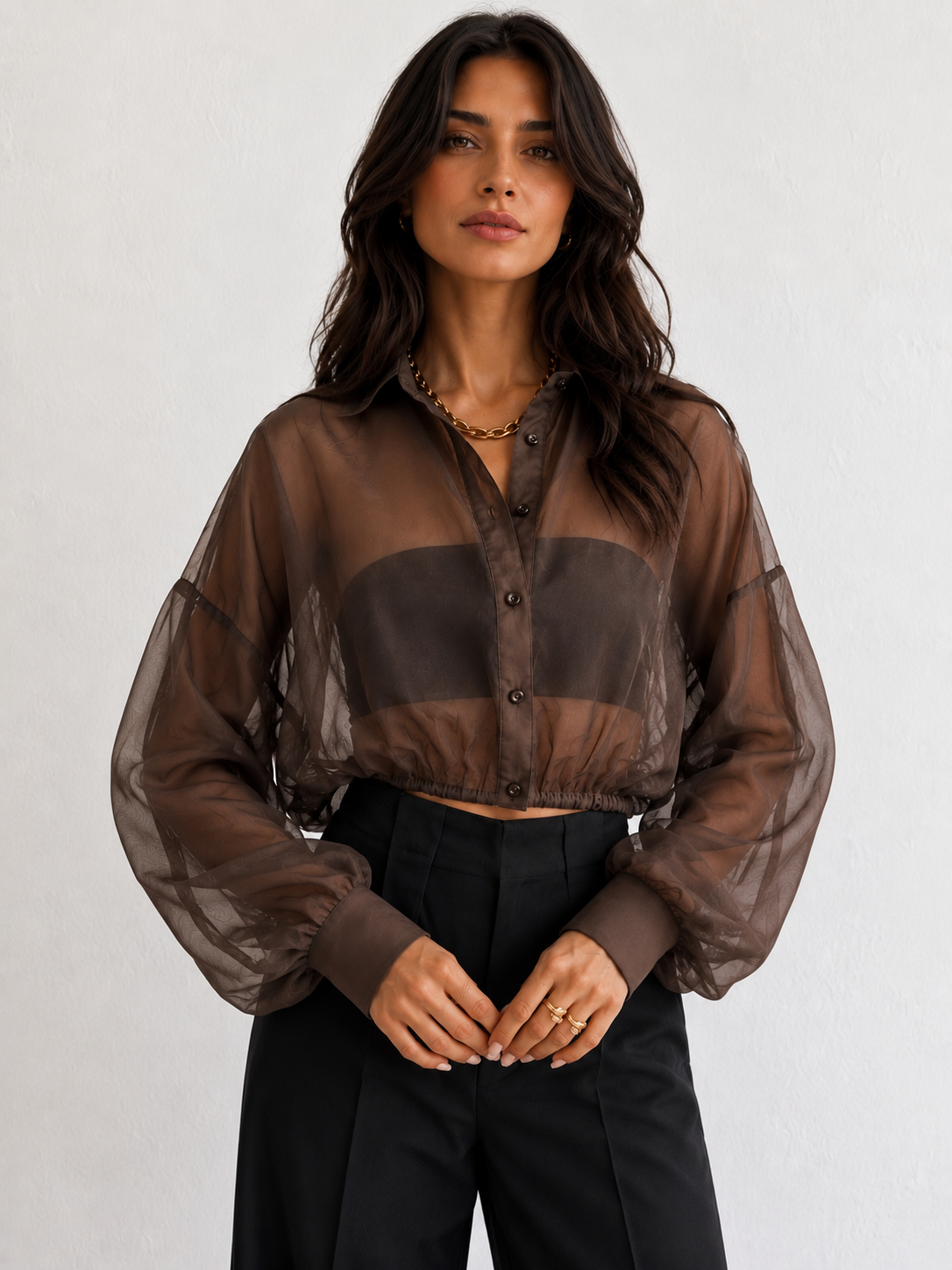 CROP SHEER SHIRT -CHOC