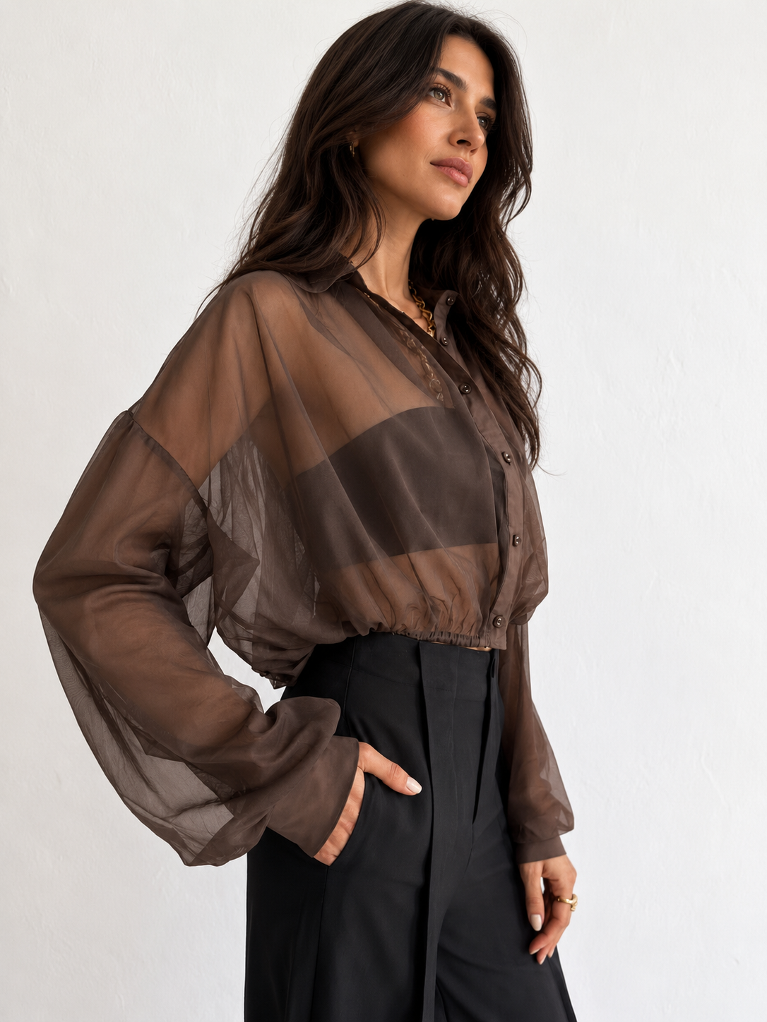 CROP SHEER SHIRT -CHOC