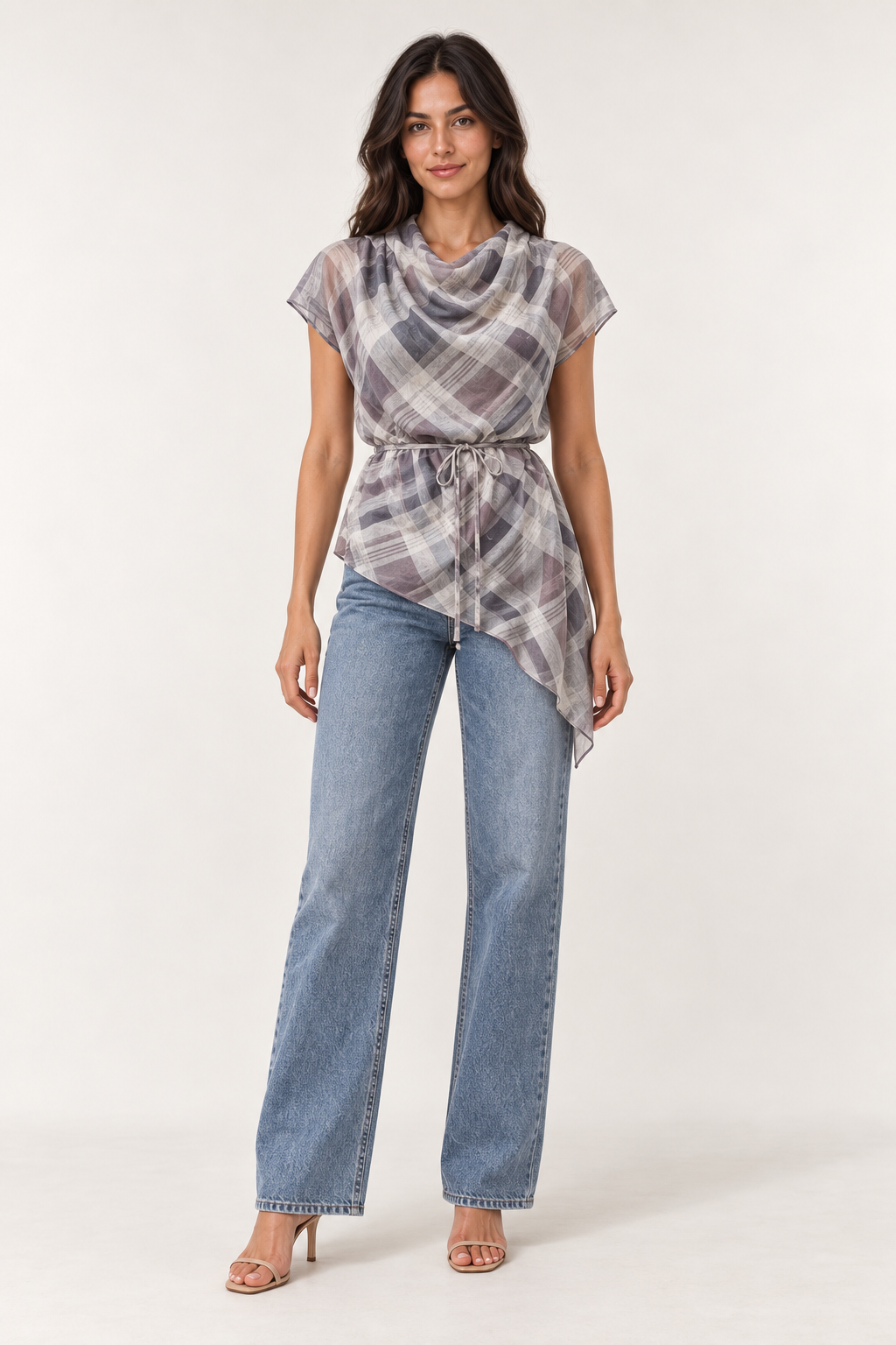 Check Cowl Neck Top