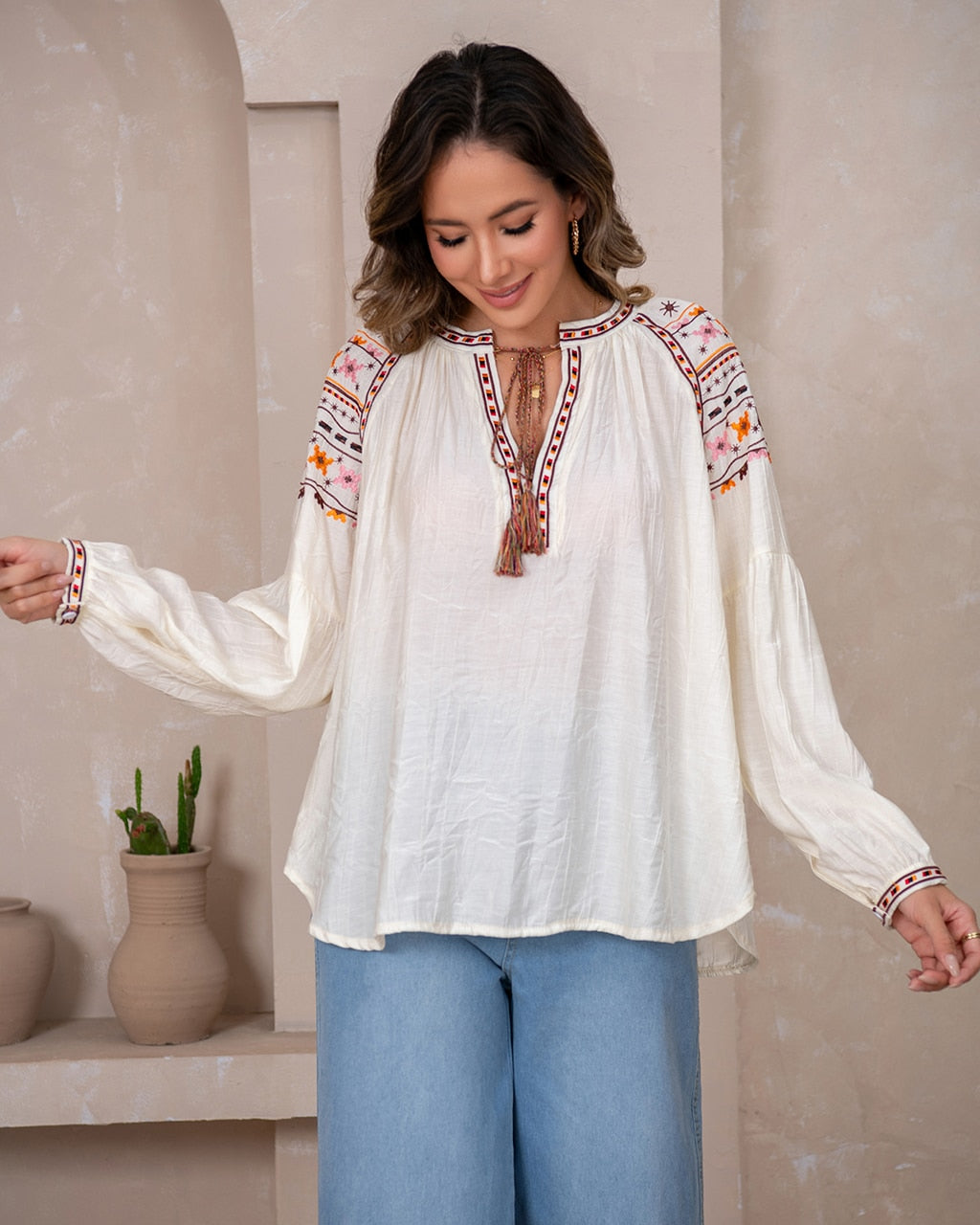 EMBROIDERED TASSEL BLOUSE