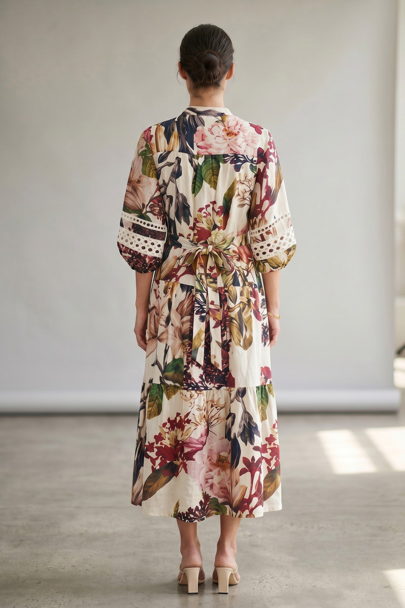 LACE CONTRAST MIDI DRESS - FLORAL