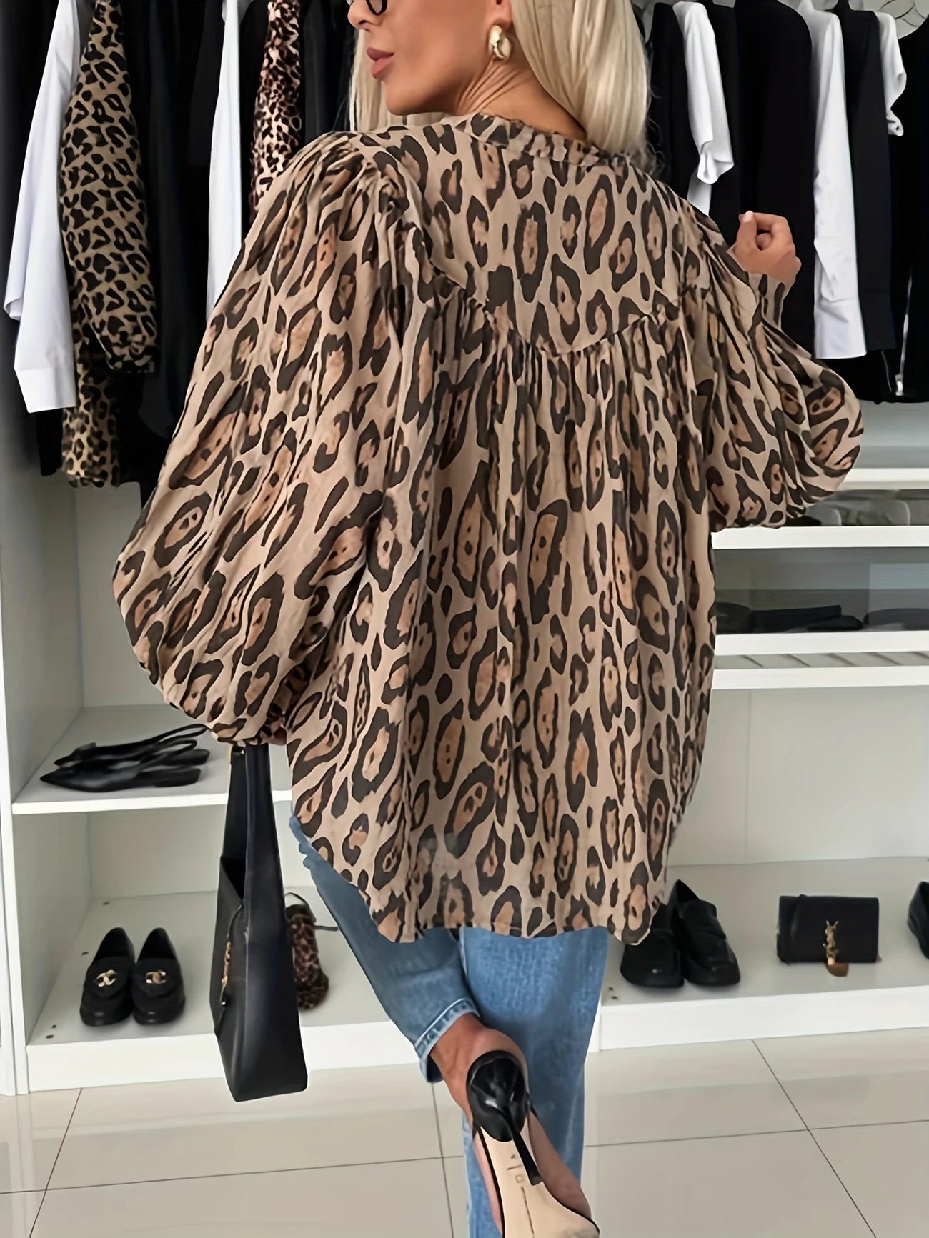 Leopard Print Puff Sleeves Button Up Shirt
