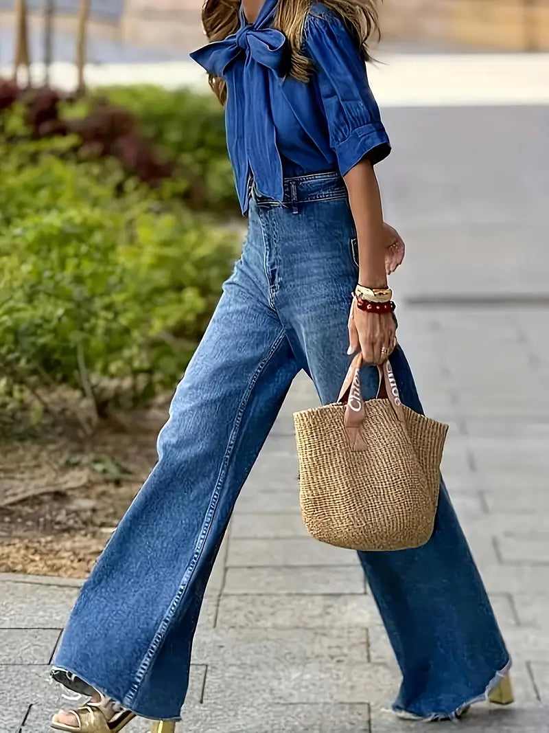 PUSSY BOW DENIM LOOK BLOUSE
