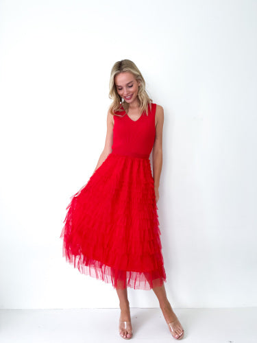 KELLY RUFFLE TULLE SKIRT - RED